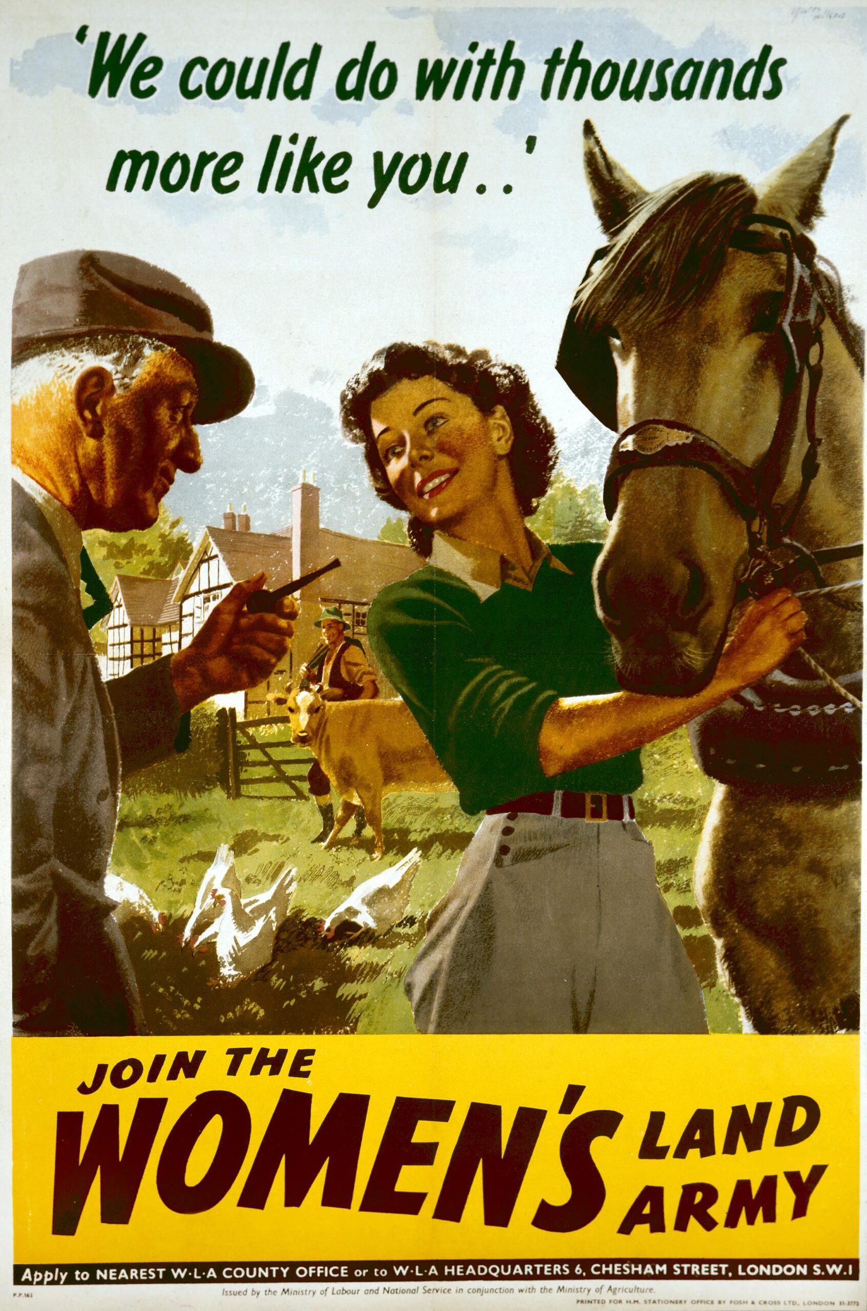 Poster with an illustration of an older man speaking to a young woman who is holding the reins of a horse standing next to her. A farm landscape is in the background.