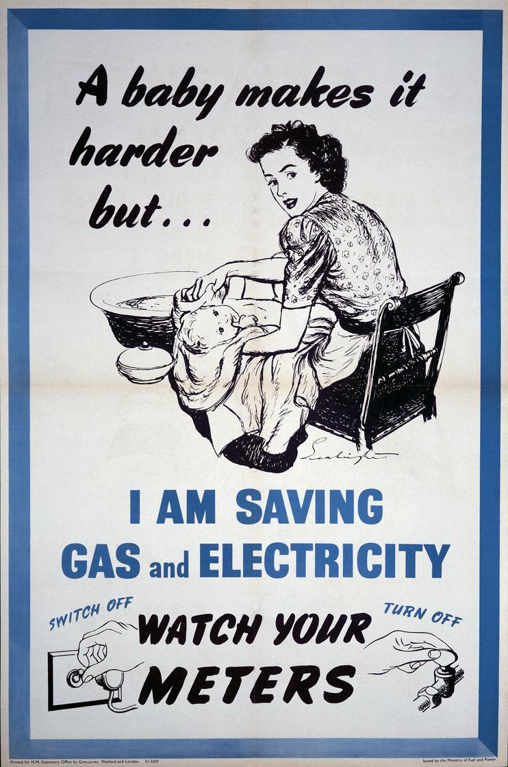 Poster featuring an illustration of a woman bathing a baby using a small tub, and two smaller illustrations of hands pulling out a plug and turning off a tap.