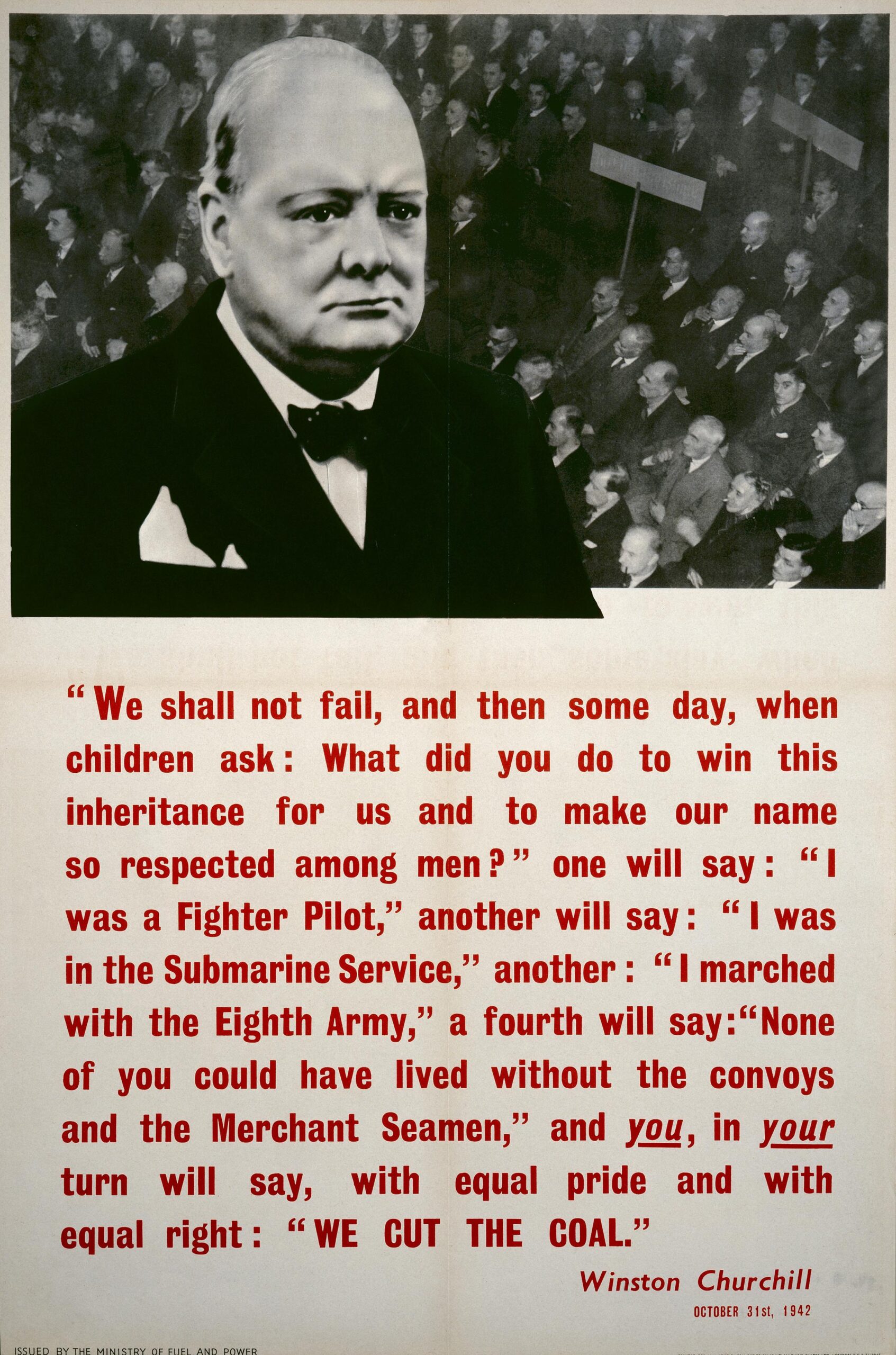 Poster with a monochrome portrait of Winston Churchill on top of a background photo of people sitting in an audience. Red text is below.