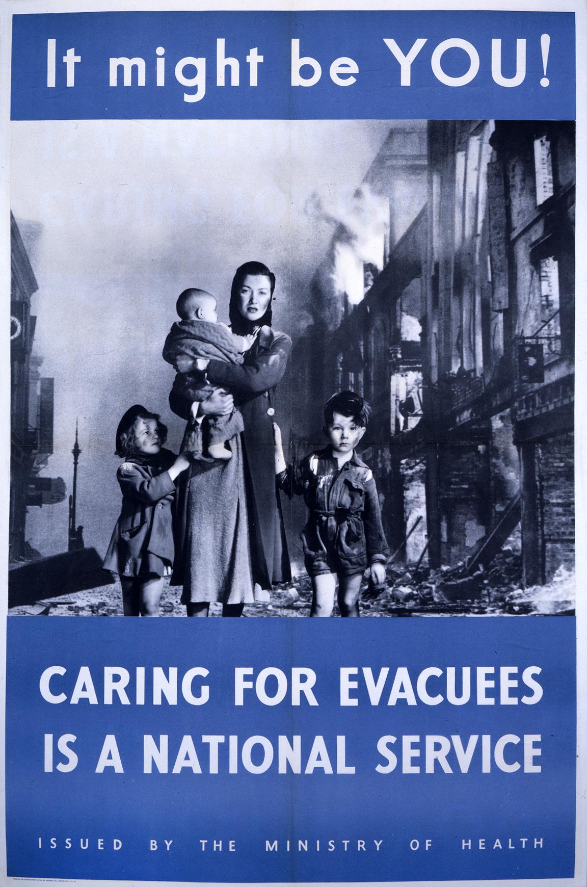 Poster featuring a monochrome image of a mother with three children covered in soot and walking away from a burning building.