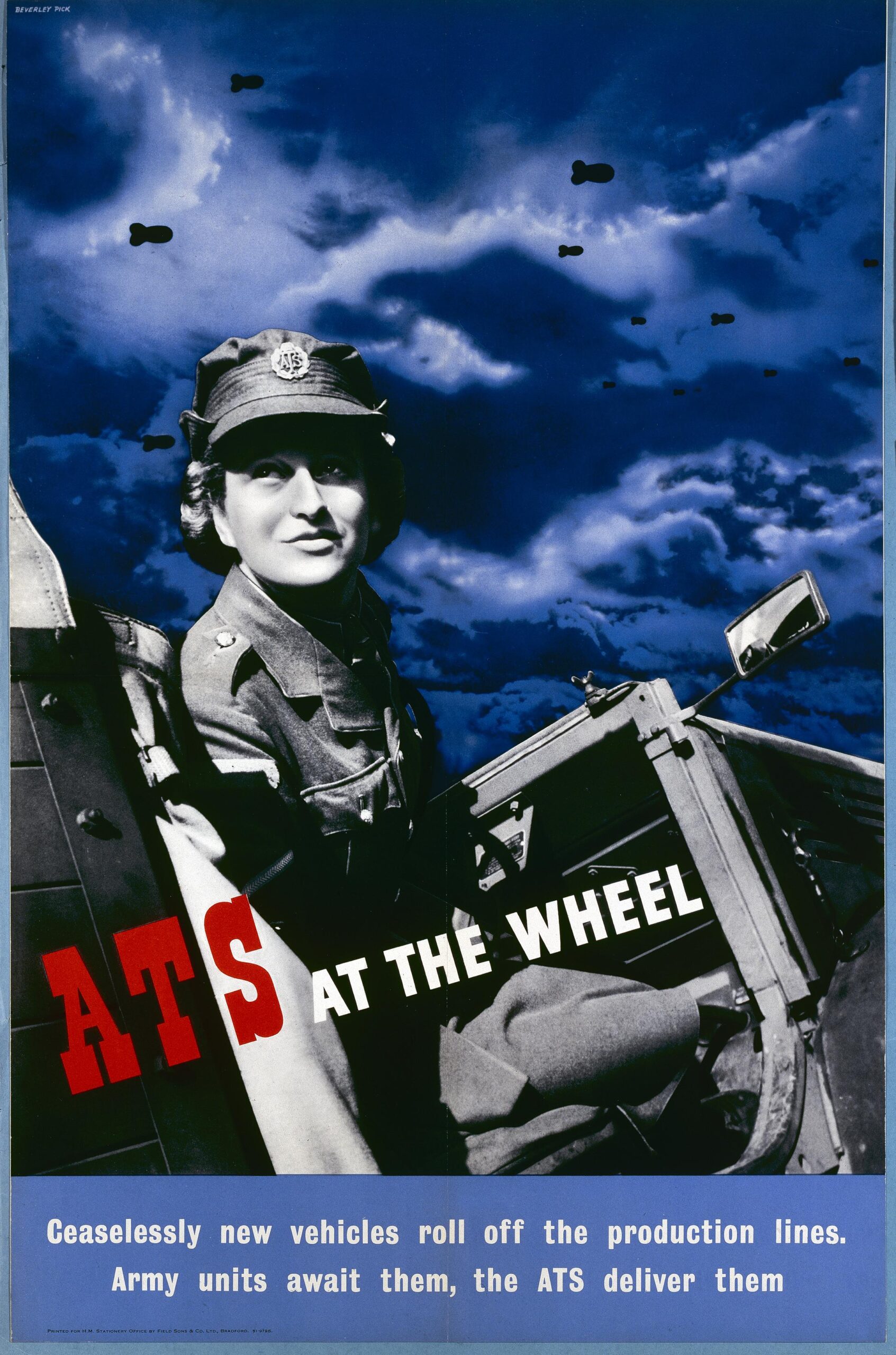 Poster featuring a photo of a woman at the wheel of a car looking behind her shoulder in front of a background of a cloudy sky with missiles.