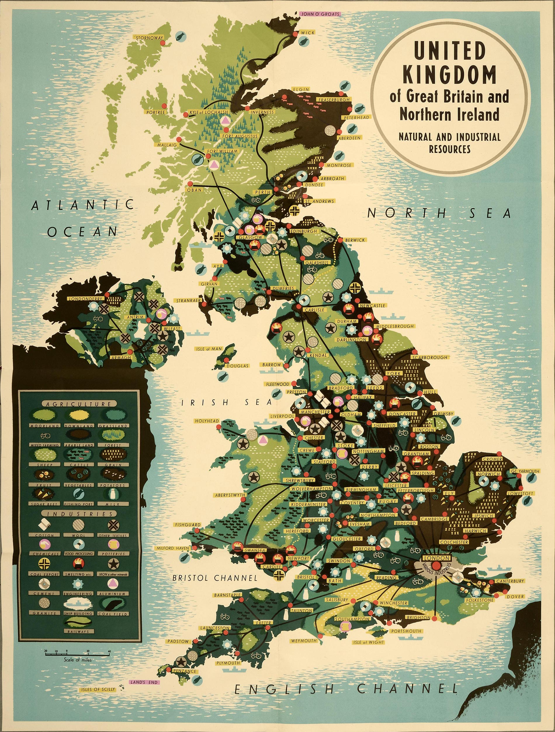 Poster featuring a map of the United Kingdom with towns and roads marked. Symbols associated with certain resources are placed around the map.