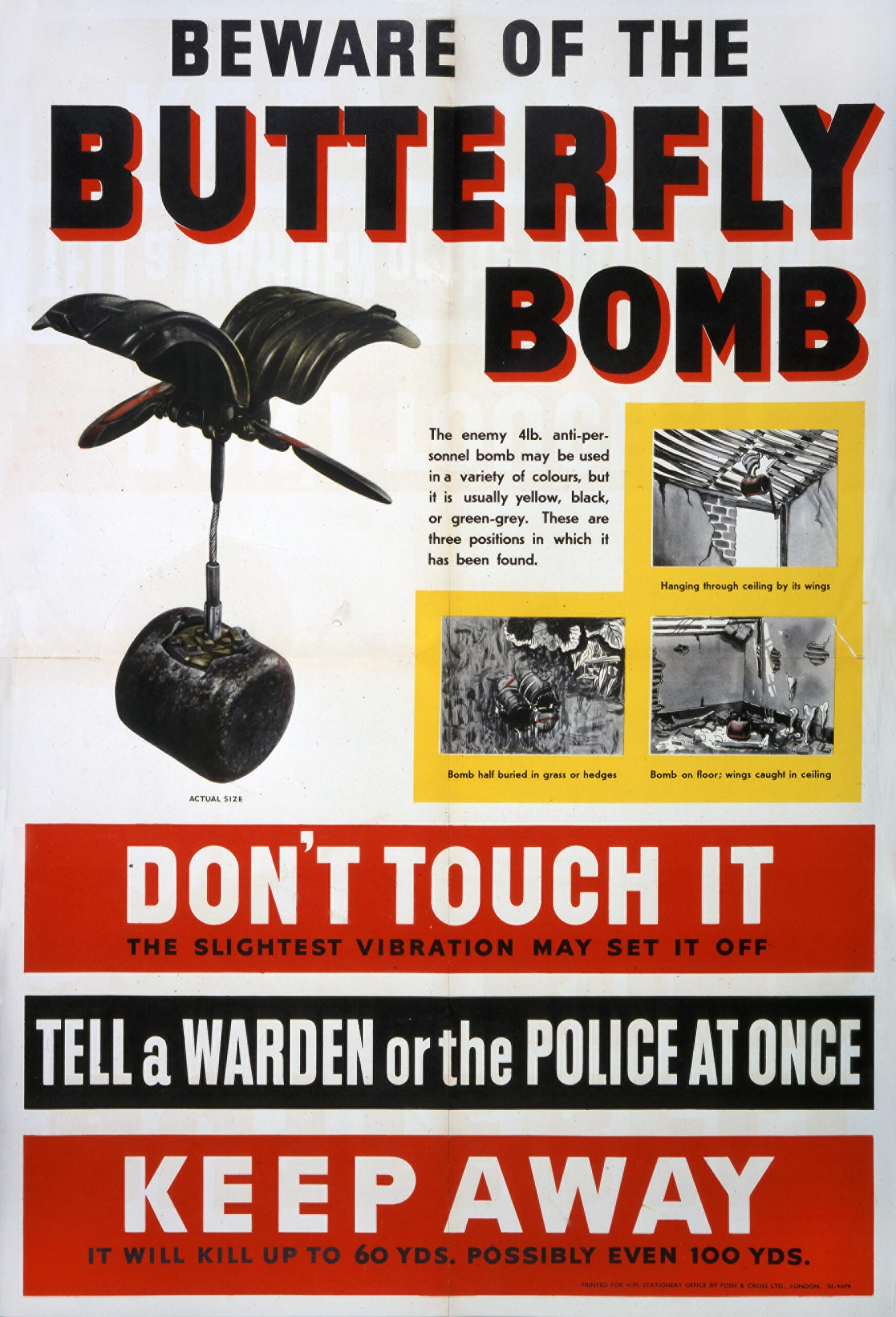 Poster with an illustration of a bomb consisting of a cylinder attached to a shell that has opened up above it to give the appearance of wings.