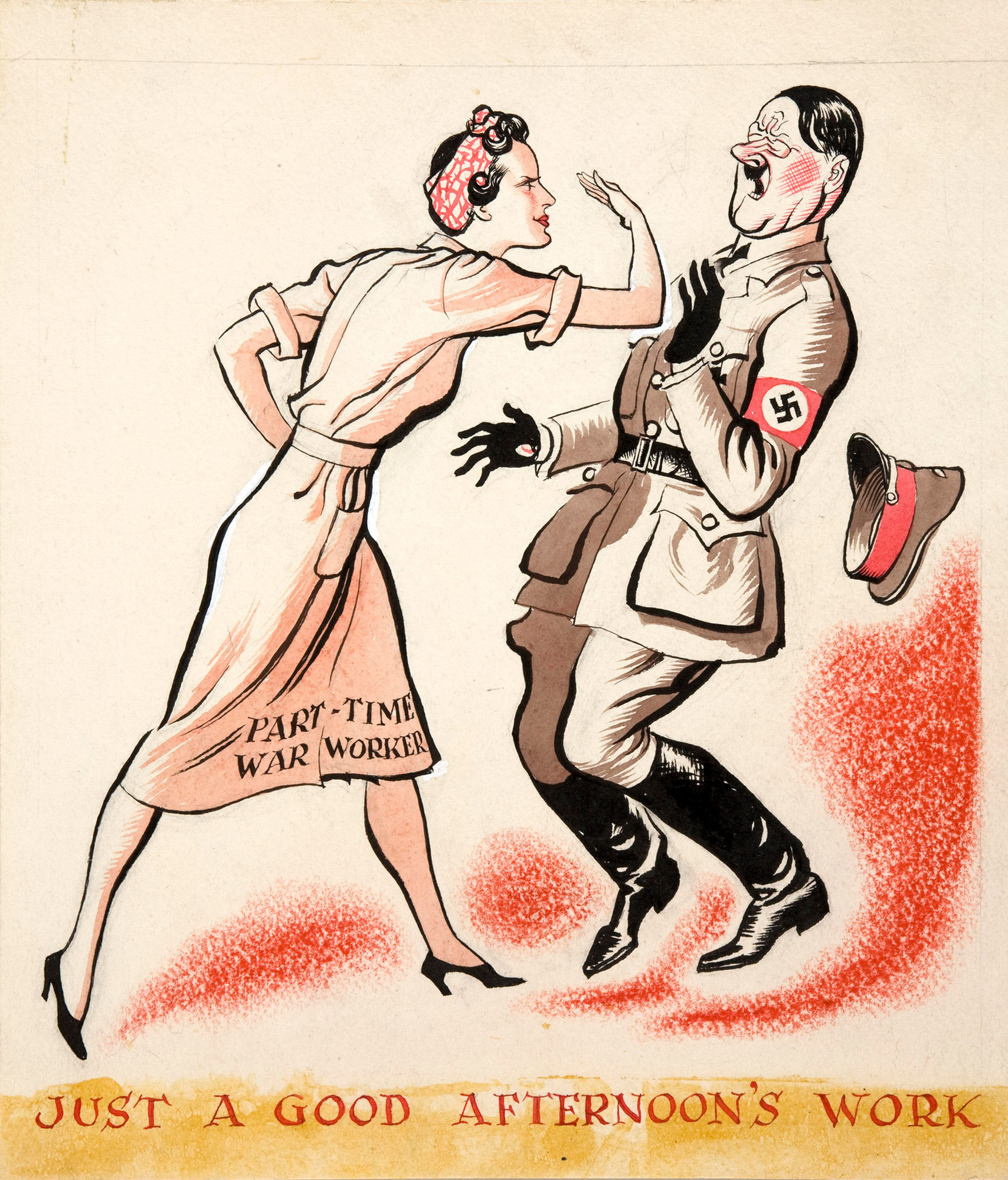 Poster featuring illustration of a woman in a dress and headscarf slapping Adolf Hitler in the face.