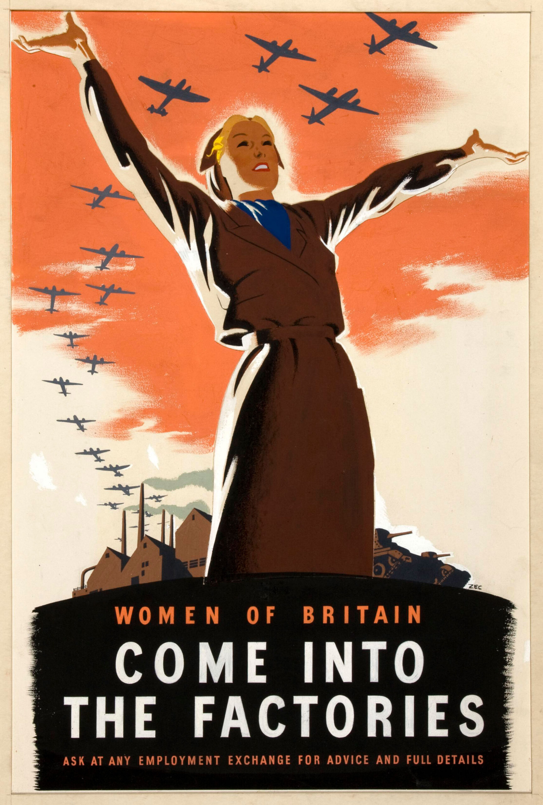 Poster featuring illustration of a woman spreading her arms as a row of airplanes fly through the orange sky over the factories and tanks behind her.