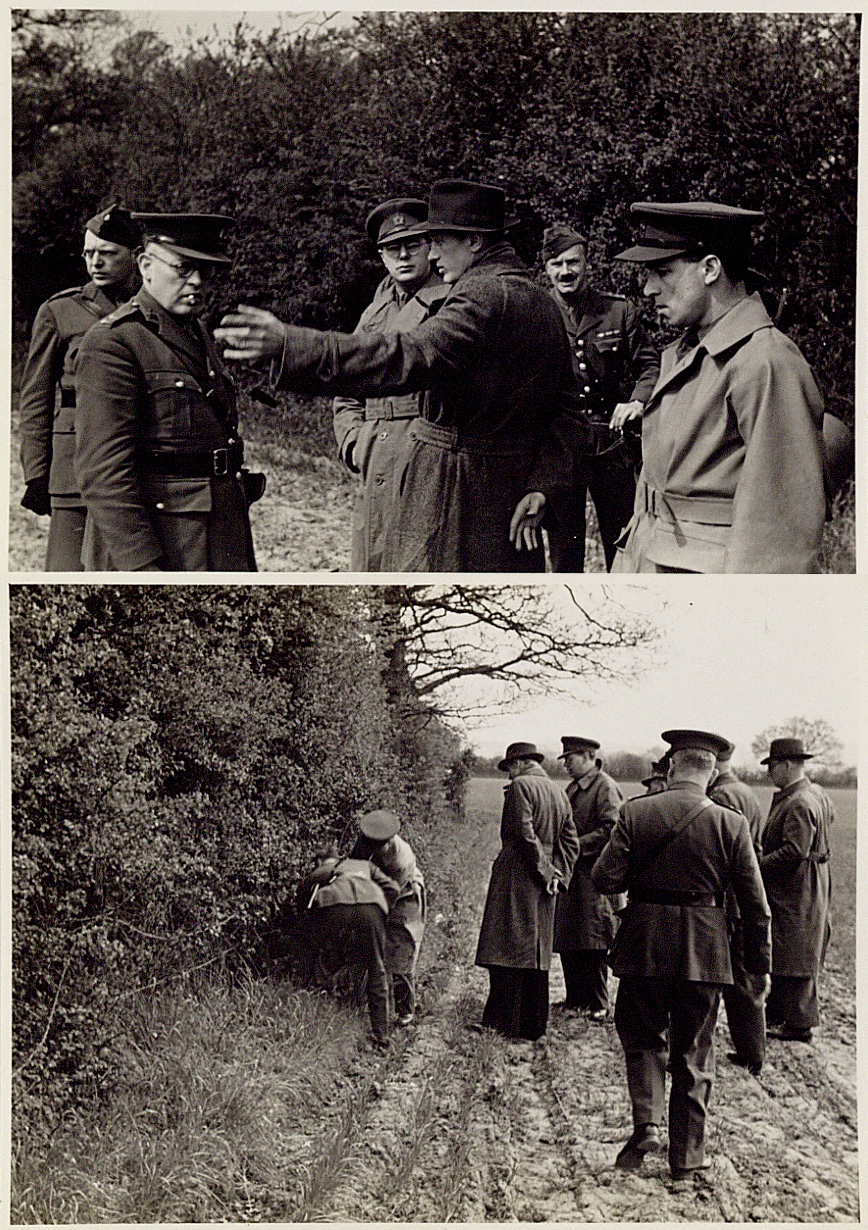 Two monochrome photographs showing a group of men talking to each other and searching in bushes next to a field.
