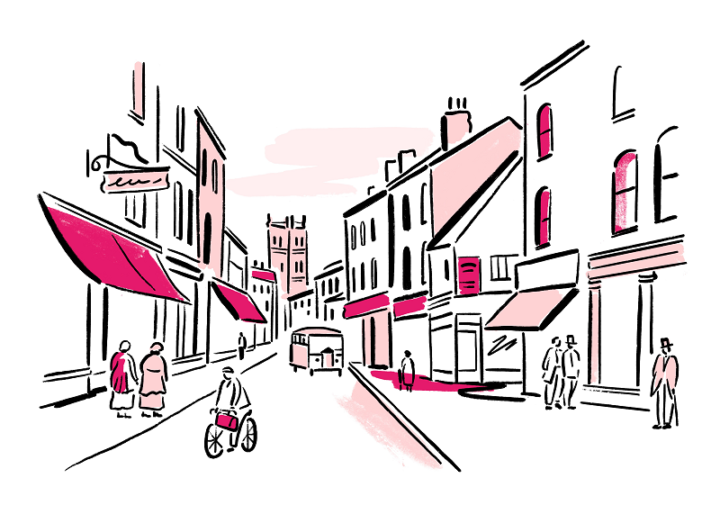 An illustrated street with pink detailing