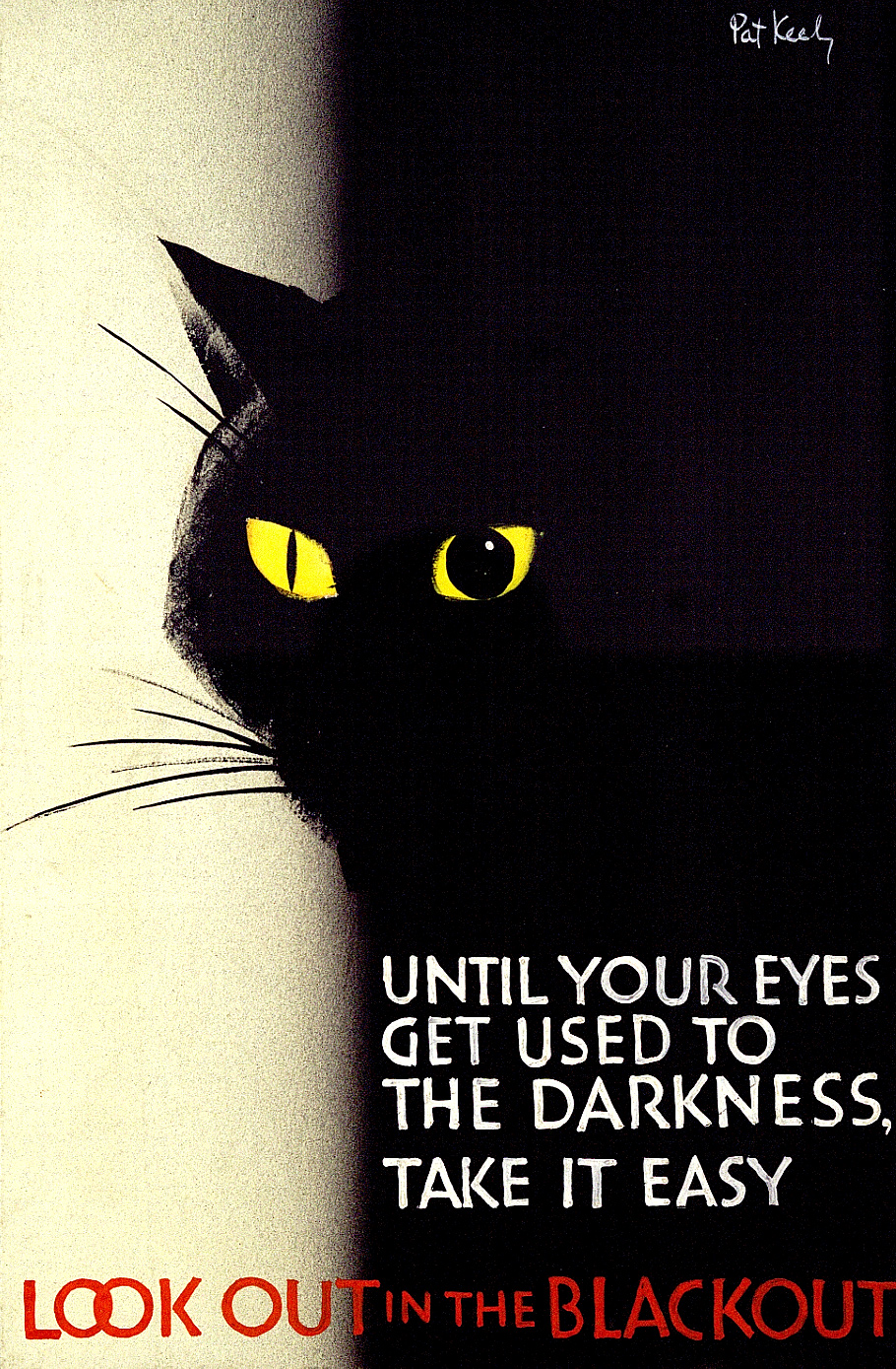 Poster depicting a black cat with half its face in light and half in shadow. The eye in the light has a thin pupil and the eye in the dark has a large pupil.