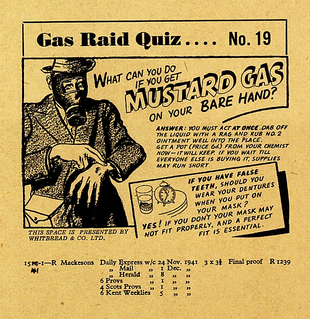 Leaflet with illustration of man in a gas mask looking at droplets on his hand.
