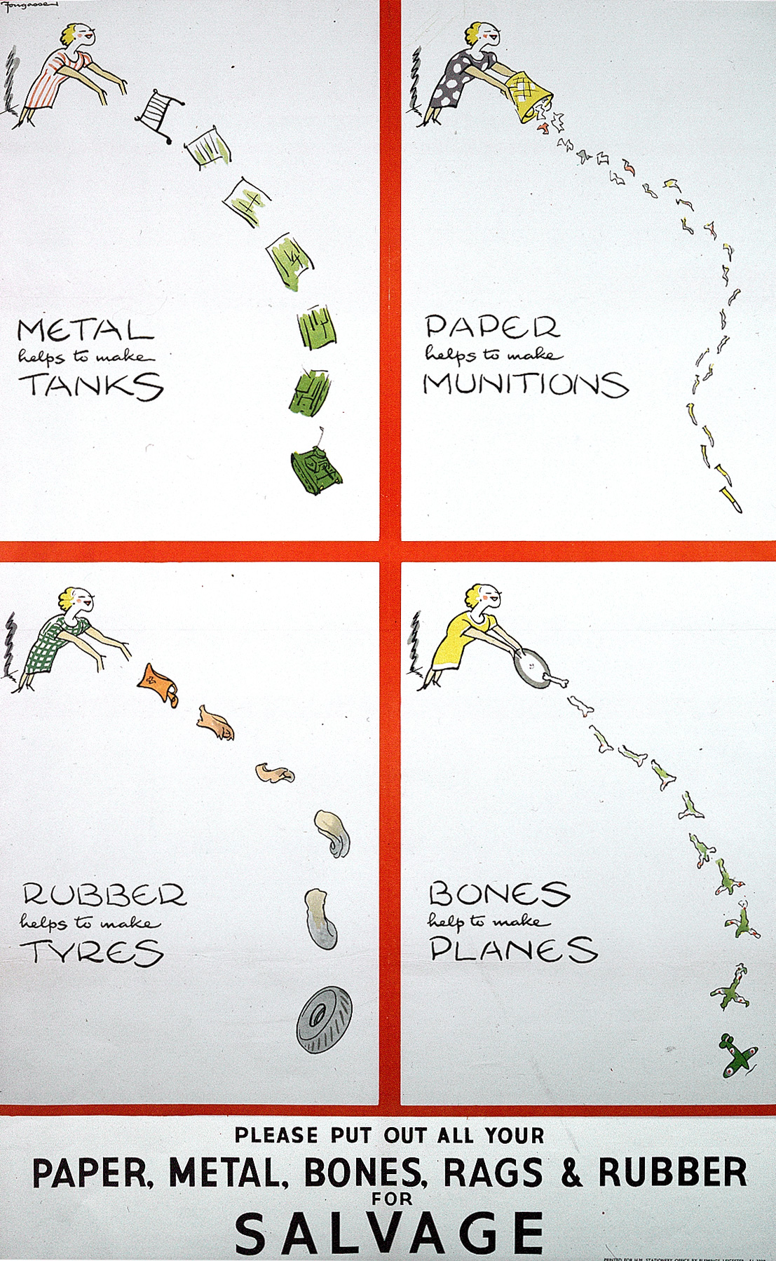 Poster featuring four illustrations of a woman. In the top left she throws a metal frame that turns into a tank, in the top right she throws out waste paper that turns into bullets, in the bottom left she throws out a bag that turns into a tyre, and in the bottom right she throws out bones that turn into a plane.