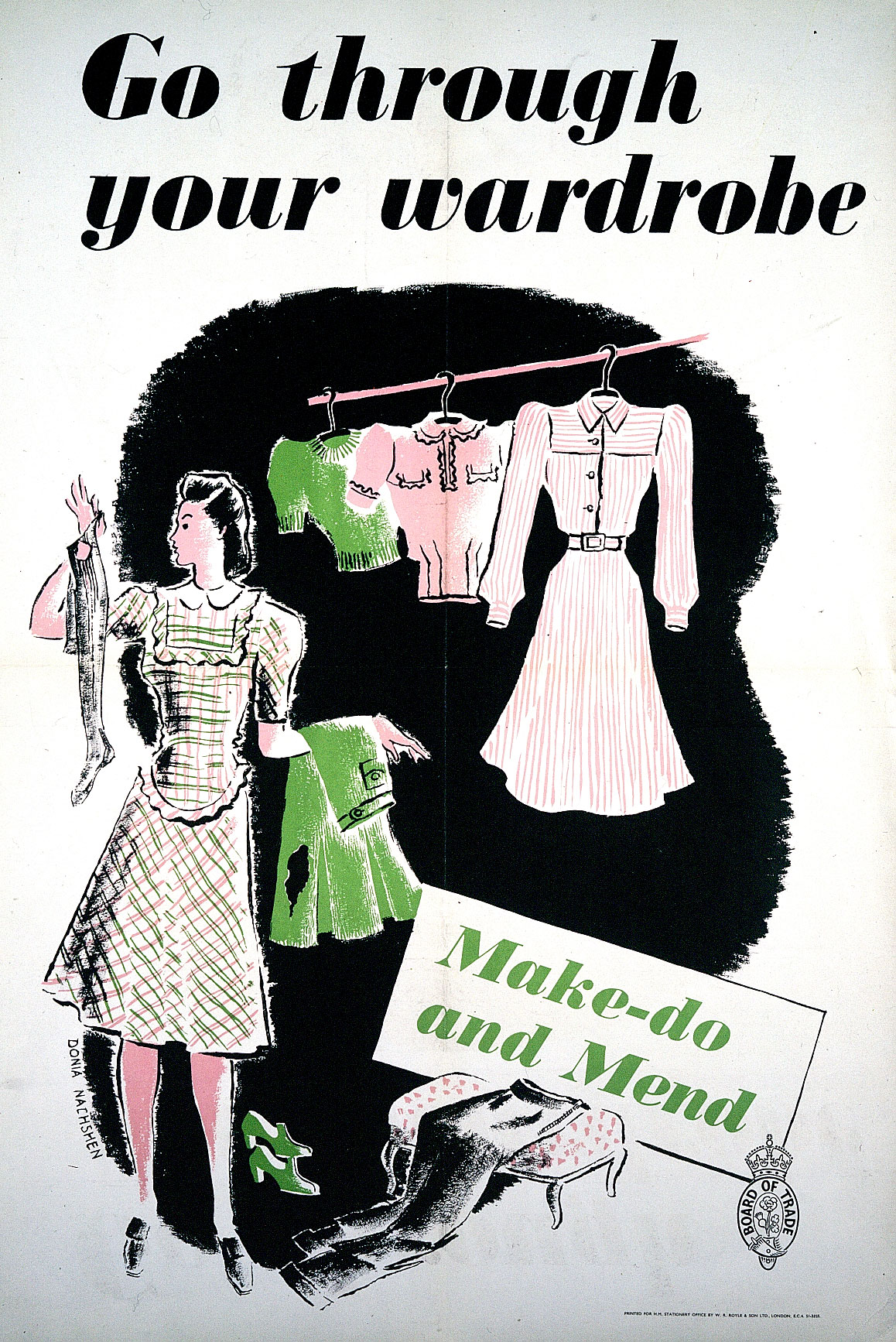 Poster with an illustration of a woman next to a rack of clothing, holding up some garments and inspecting them.