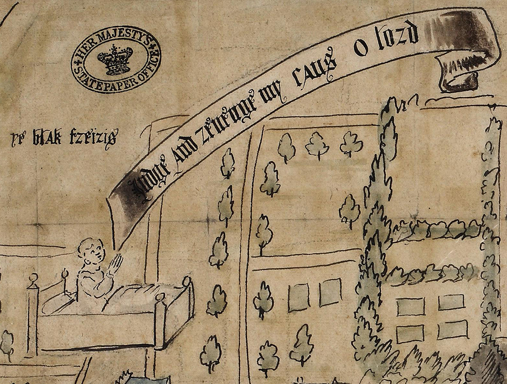 Detail of illustrated map showing a small child in a bed holding its hands in prayer. A scroll that says 'Judge and revenge my caus, O Lord' unfurls near the child's mouth.
