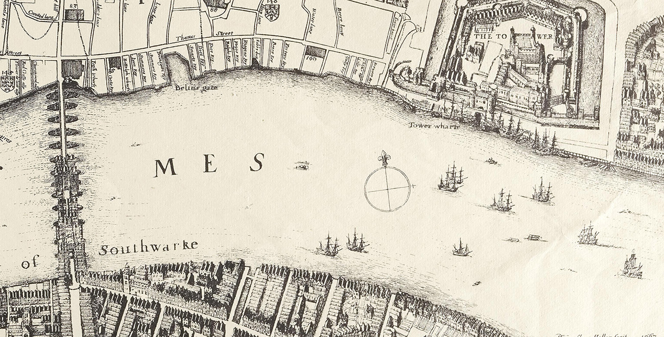 Detail of the map of London in Source 3a, showing the docks on the Thames to the right of London Bridge. Wooden ships are depicted on the river.