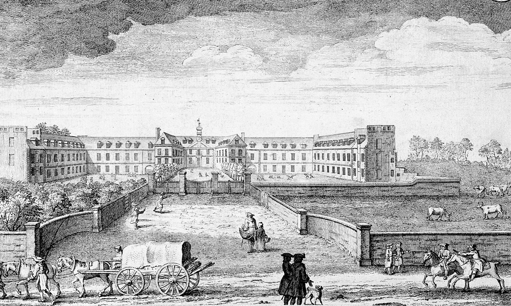Illustration of a large building with a courtyard. In front is a large paddock with cows, as well as a walled-in garden. People pass by in front of the building on horseback, in a carriage, and on foot.