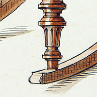 Cropped image. We can see a dark brown ornate vertical piece attached to a curved horizontal dark brown piece.