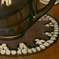 Cropped image. We can see a rounded dark brown object with a curved handle. It sits on a round flat dark brown circle with white ornamental edges.
