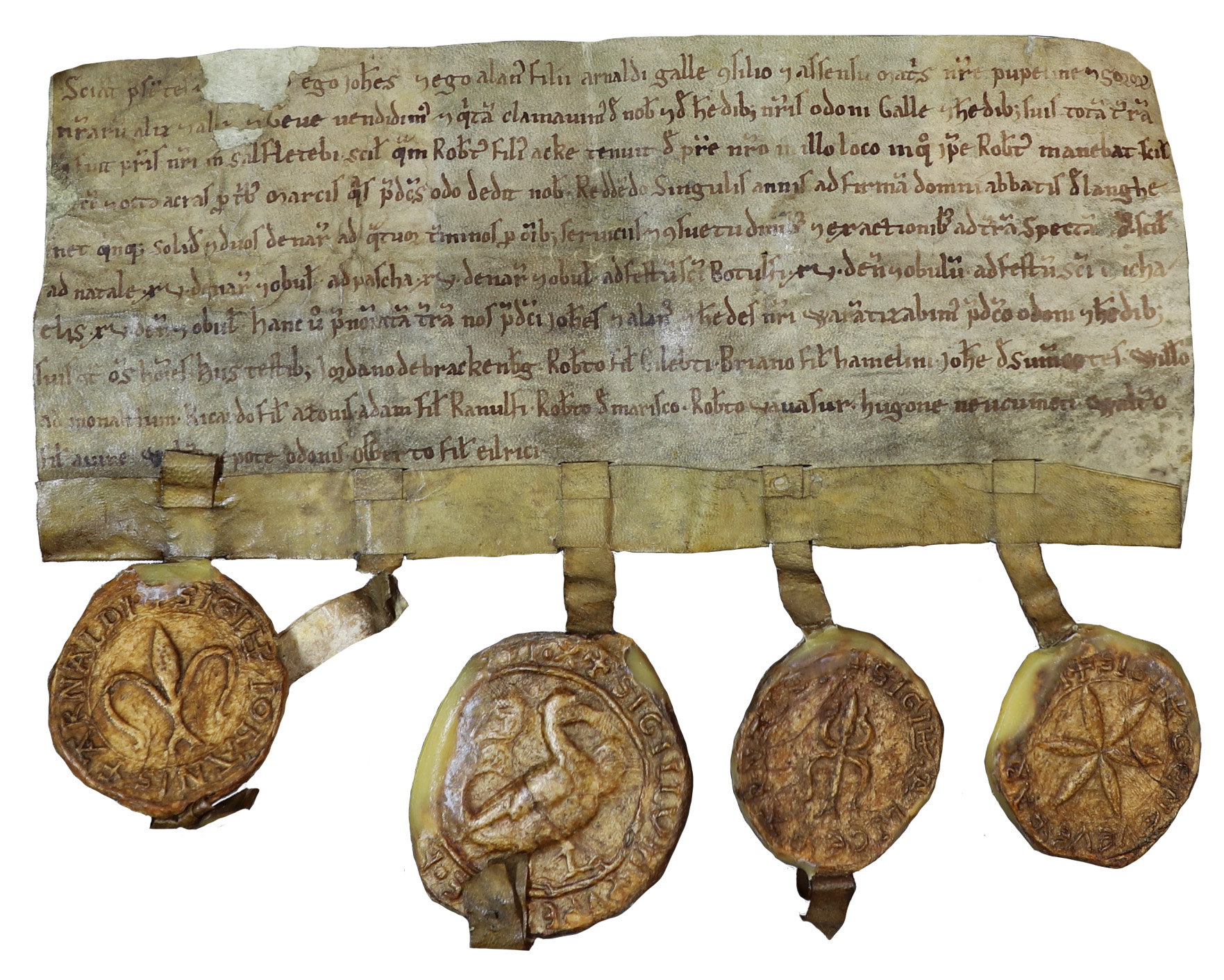 Parchment with four wax seals attached. Each seal has a small icon and text on it.
