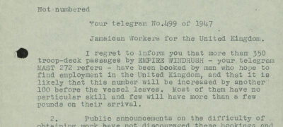 Image of Telegram about Windrush passengers