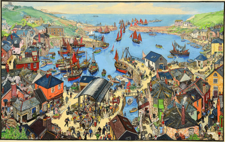 Illustrated harbour scene featuring a bay of coloured houses, a busy food market and fishing boats arriving to offload their catch. 
