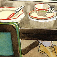 Cropped image. We can see a teacup and a plate on a surface, someone’s shoe underneath the surface, and the back of something green in front of the table.