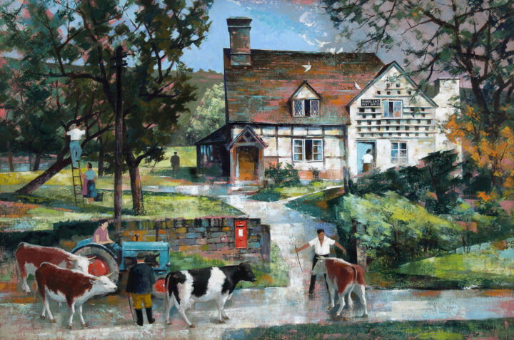Painting of a summer scene with a large country house used as a post office, with lawn and trees. A farmer herding cows in the street in the foreground provides a rural feel. 