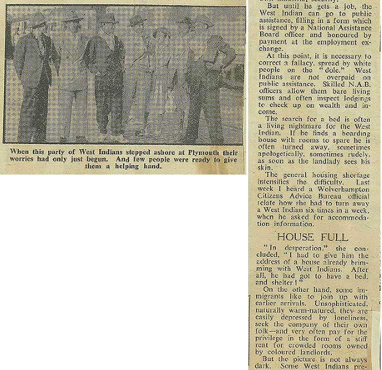 Newspaper article with a monochrome photograph of a group of seven men standing in a row and talking to each other.