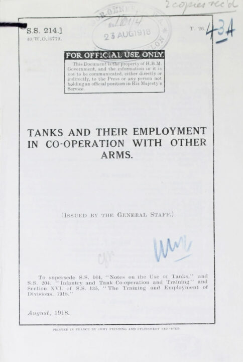 Cover of a booklet with the title 'Tanks and their employment in co-operation with other arms'.