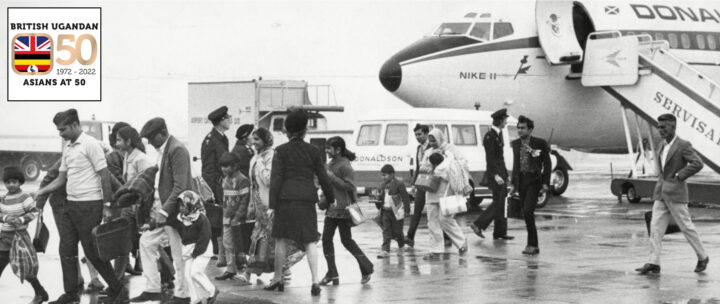 Black and white photo of Ugandan Asian men, women and children disembarking from a plane. Image contains a logo for the British Ugandan Asians at 50, 1972-2022 organisation.