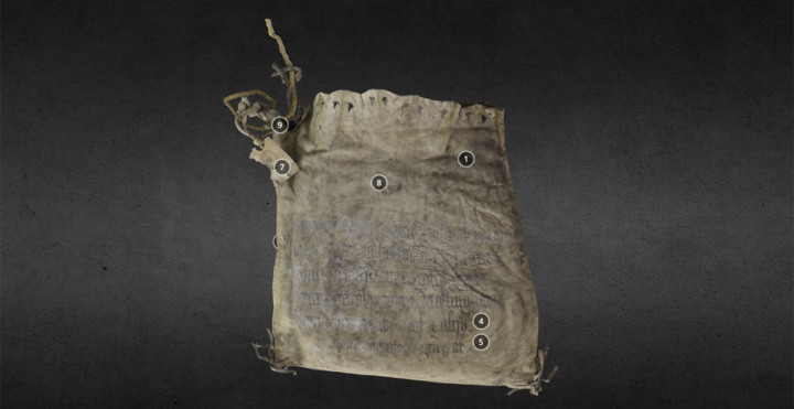 The bag viewed from the front. The faded Latin inscription is on the front.