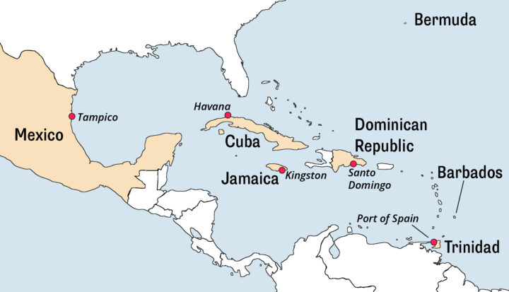 Map highlighting the port cities of Tampico in Mexico, Havana in Cuba, Kingston in Jamaica, Port of Spain in Trinidad, and Santo Domingo in the Dominican Republic, as well as the countries Bermuda and Barbados.