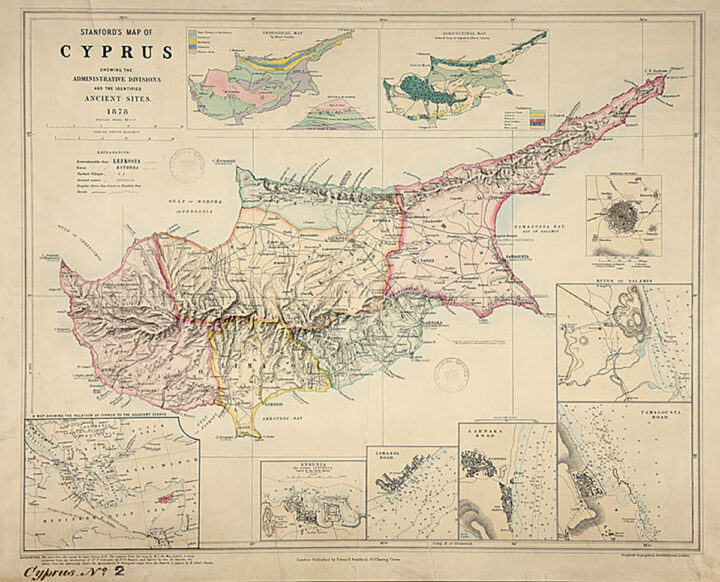 Coloured image of historical map of Cyprus, dated 1878