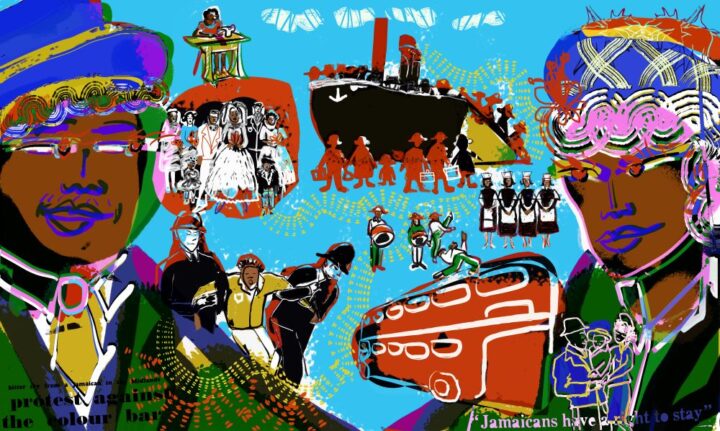 Colourful mural depicting different scenes from the cultural history of Windrush centring people of colour, including police brutality, marriage ceremony, people disembarking from the Empire Windrush. Two figures are depicted larger than the others, holding each others gaze across the scene. Predominant colours are blue, green, yellow, and red. 