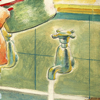Cropped image. We can see a tap on a tiled wall, and a smooth grey object in the top left.