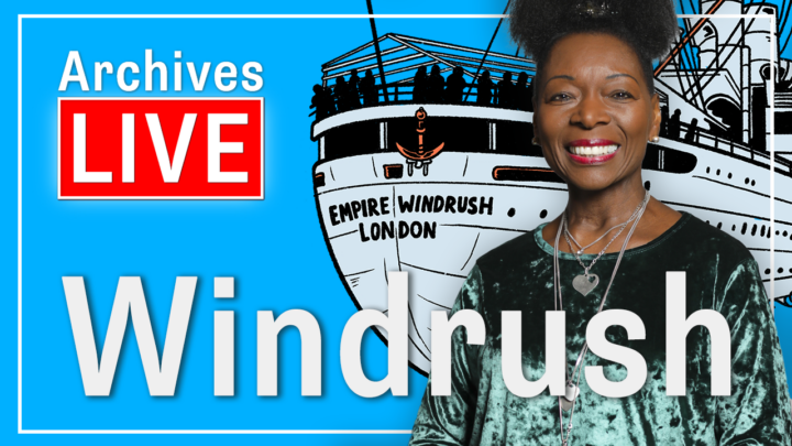 Floella Benjamin smiles with an illustration of the Empire Windrush behind her. Text reads Archives Live Windrush