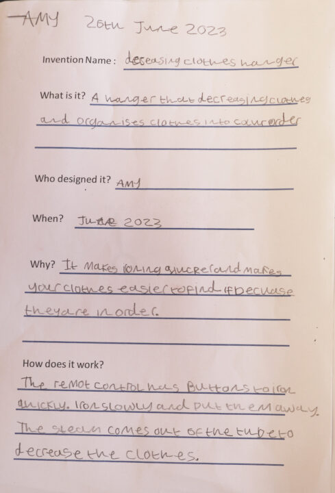 Worksheet with information about the invention filled in.