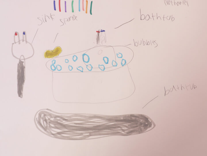 Drawing of a white bathtub filled with bubbles and a yellow sponge. A white sink is next to it and a second grey bathtub is below it. Colourful lines are on the ceiling above the white bathtub.