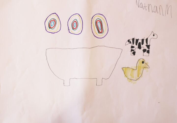 Drawing of bathtub underneath three colourful circles and next to a zebra and duck.
