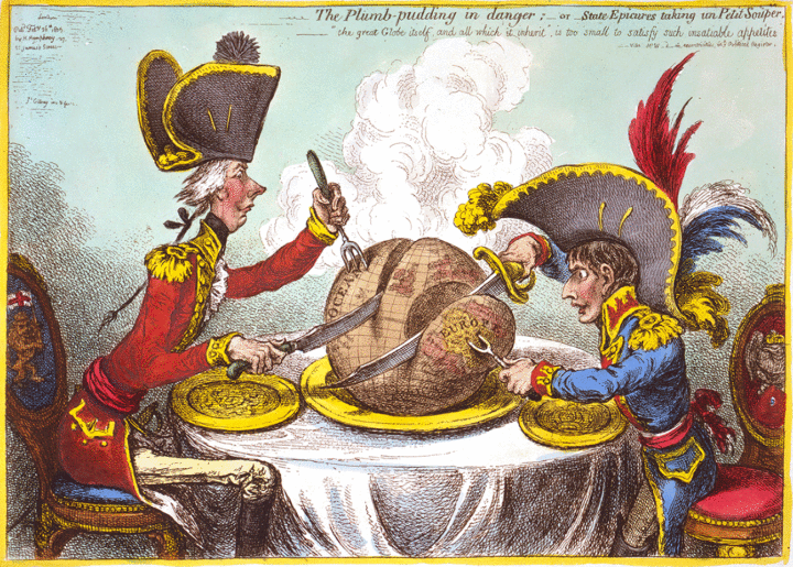 British Prime Minister William Pitt is shown on the left and Napoleon Bonaparte on the right and they are dining at a table. Pitt wears a regimental uniform and hat. Both men use huge swords to carve up a large steaming plum pudding on a plate on the table in the form of the globe.