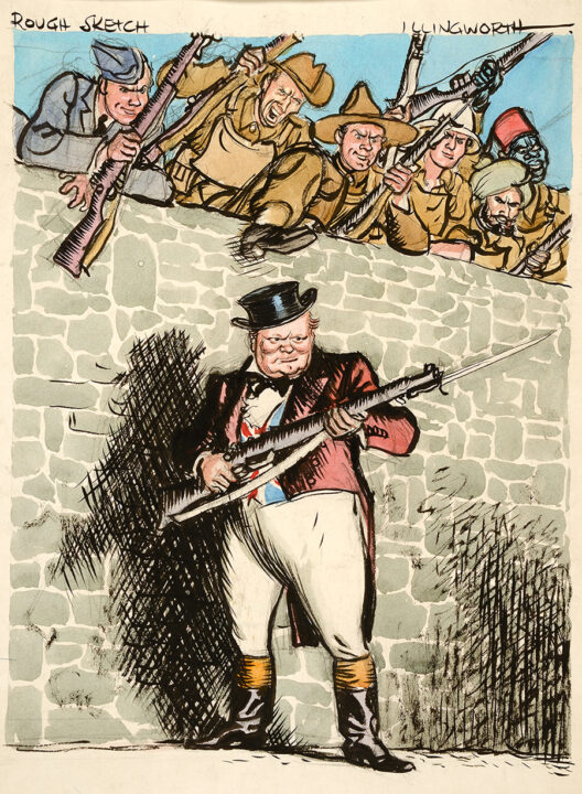 Winston Churchill wears a jacket with a Union Jack flag waistcoat, short white trousers, and boots. He holds a bayonet, and his back is against a wall. Several men are climbing over the top of the wall. They wear different uniforms and hats including a bush hat, cap, pith helmet and fez. Some men are also holding rifles.