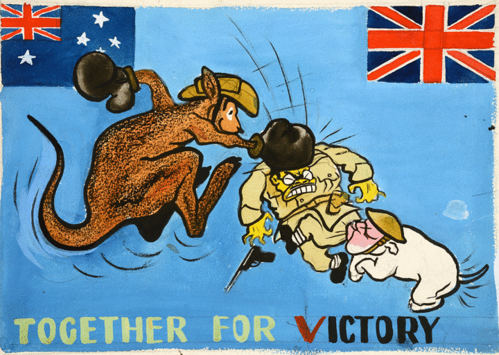 In the top left corner of the cartoon is a small flag of Australia and on the top right is a small Union Jack. Against a bright blue background, a large kangaroo wear boxing gloves punches a Japanese soldier knocking a pistol out of his hand. At the same time, a small bulldog with a face like Churchill and wearing a tin helmet bites the soldier’s leg.
