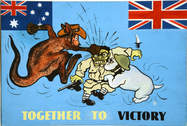 In the top left corner of the cartoon is a small flag of Australia and on the top right is a small Union Jack. Against a bright blue background, a large kangaroo wearing boxing gloves punches a Japanese soldier holding a pistol knocking a dagger out of his hand. At the same time, a large bulldog with a face like Churchill and wearing a tin helmet attacks the soldier’s body.