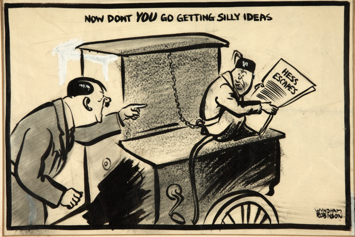 Adolf Hitler is shown as an organ-grinder with Mussolini as his monkey. Hitler is shouting and pointing at Benito Mussolini. Mussolini is chained and perched on the barrel organ. He is dressed like as performing monkey, wearing a cap with a feather, and reading a newspaper. The headline for the paper says: ‘Hess escapes.’