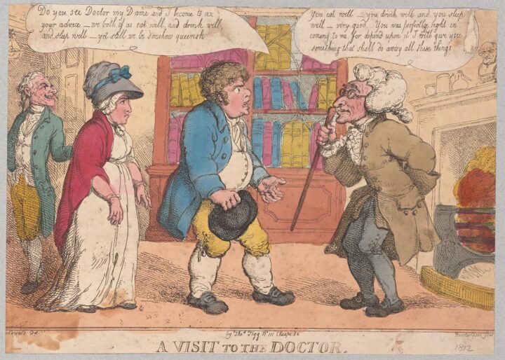 Cartoon shows a woman, and man, visiting a doctor in his consulting room. The man is the character called John Bull used to represent the British common man. In the room there is a large bookcase and the doctor, wearing glasses and holding a cane, is standing in front of a fire burning in large fireplace. A bust of Claudius Gallen is on the mantelpiece. 