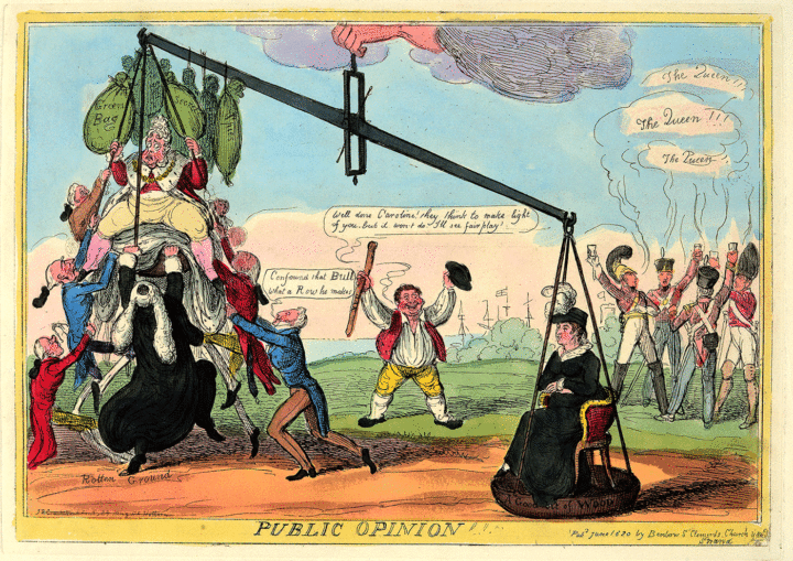 The cartoon shows a weighing scale held by a hand descending from a cloud. On the left side of the scale George IV is shown seated and suspended. Six men are trying to pull the king to the ground. Several green bags are also used to weigh him down. On the other side of the scale, Queen Caroline is seated on a chair on the ground. A group of four soldiers stand nearby and toast the Queen. In the background, John Bull, holding a stick and hat, is shown cheering.