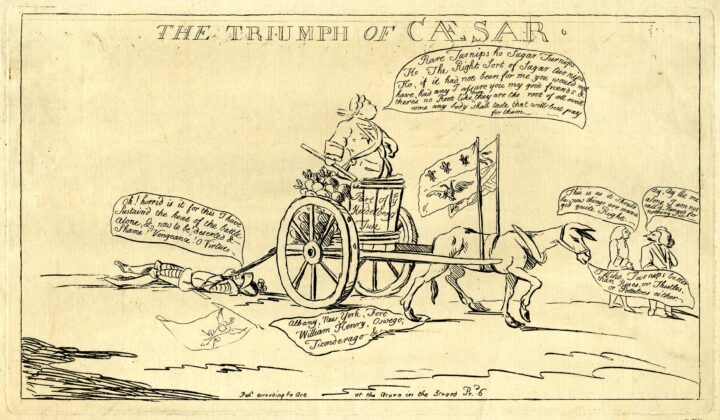 Cartoons shows the Duke of Cumberland, Prince William driving a farm cart containing turnips over a paper which lists the names of British colonial interests in America including New York, Albany and Fort William. To the right of the cart Henry Fox, Lord Holland and Thomas Pelham-Holles, Duke of Newcastle stand in conversation. To the left of the cart is the King of Prussia, Frederick the Great, nephew of George II dressed as a helmeted soldier lying down next to a flag representing the Kingdom of Prussia. 