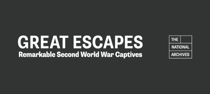 A black background with the title 'Great Escapes' and a subtitle 'Remarkable Second World War Captives' in white font and The National Archives logo  in white