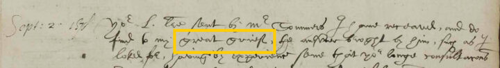 Cropped part of a Tudor manuscript with difficult-to-read handwriting. A two-word phrase is circled.