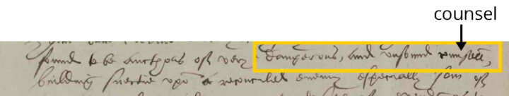 Cropped part of a Tudor manuscript with difficult-to-read handwriting. A short phrase is circled.