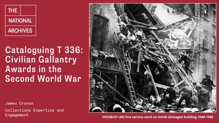 Title slide of James' presentation, including a black and white photograph of the fire service working on a bomb-damaged building from the years 1940–1945.
