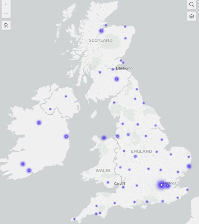 Map of the British Isles with dozens of purple dots of varying sizes spread all over, with the largest in London.